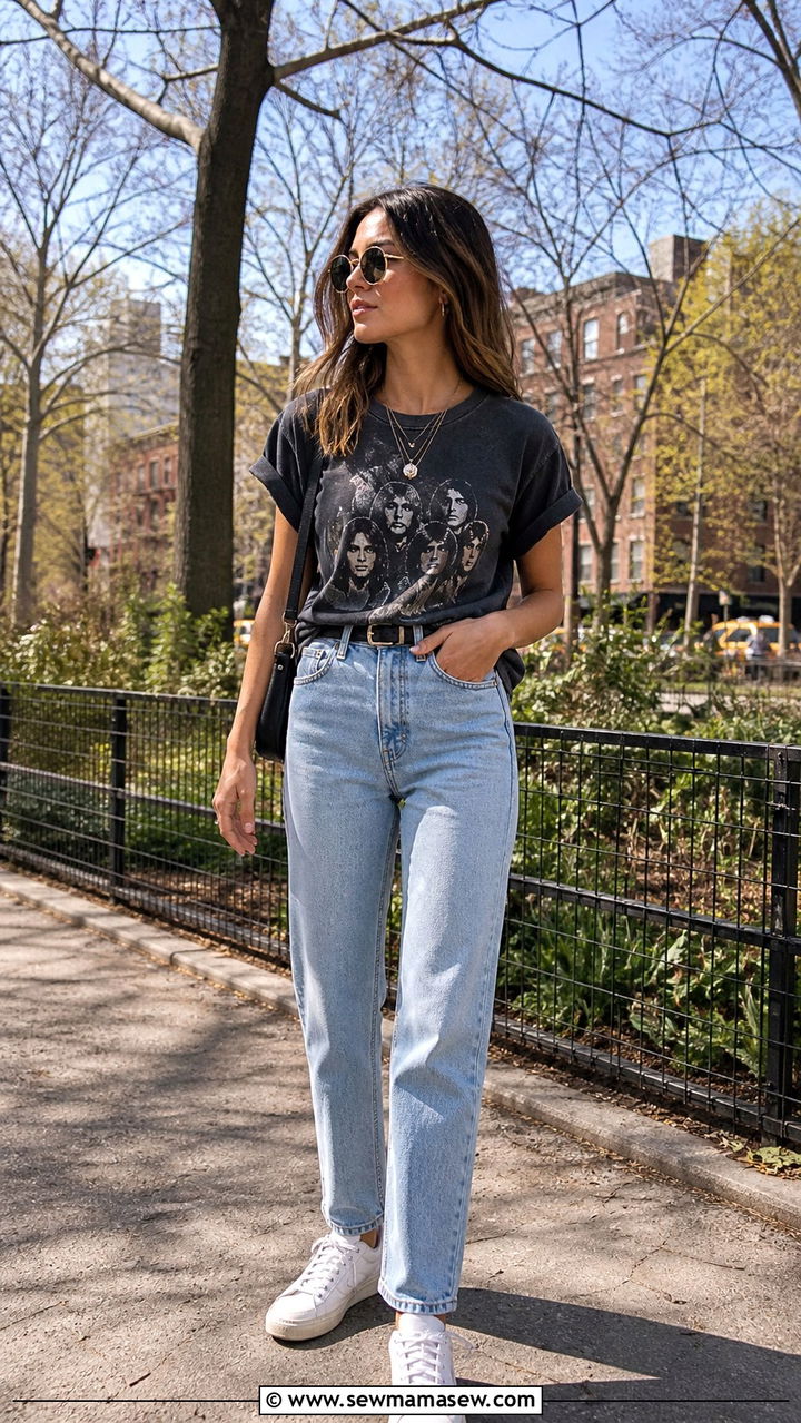 Vintage Band Tee and Straight Leg Light Wash Jeans - 40 spring aesthetic outfit ideas
