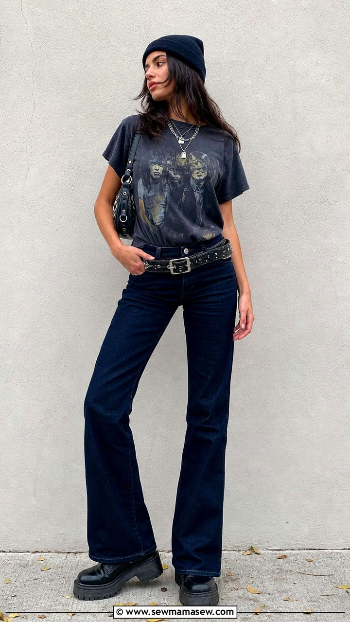 Vintage Band Tee and Studded Belt Outfit - 40 Y2K outfit ideas