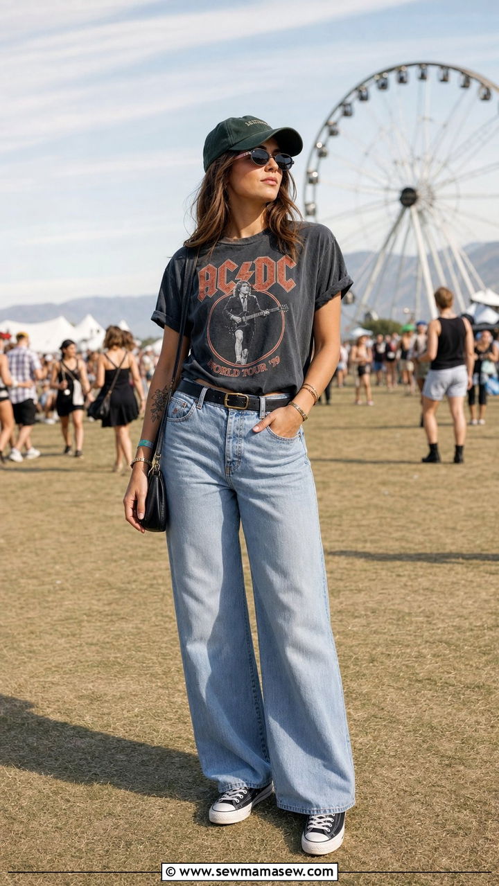 Vintage Band Tee with Baggy Jeans - 25 cute Coachella outfits