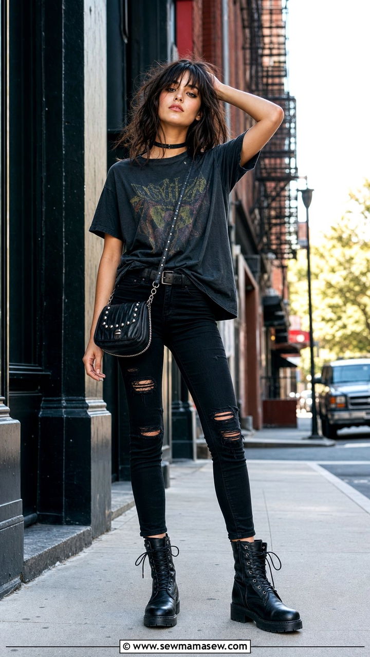 Vintage Band Tee with Black Ripped Jeans and Combat Boots - 25 Summer outfits with black jeans