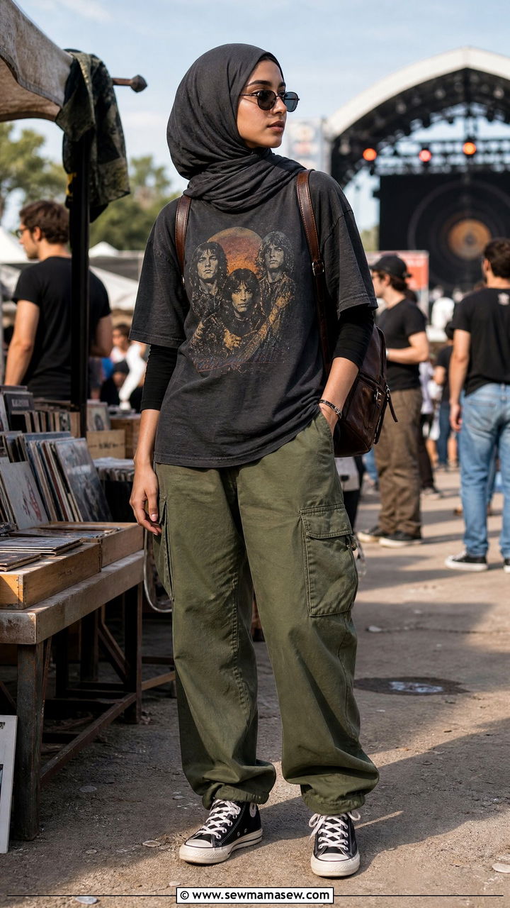 Vintage Band Tee with Cargo Pants and High Top Sneakers - 25 casual outfits for hijab women