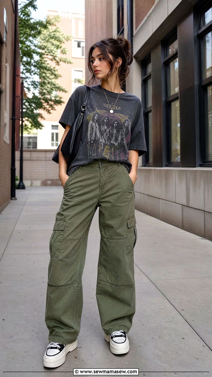 Vintage Band Tee with Cargo Pants and Platform Sneakers - 30 College outfit ideas cute 2026