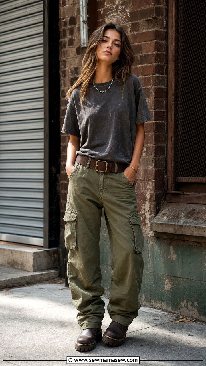 Vintage Band Tee with Cargo Pants - 35 basic t-shirt outfit ideas for women