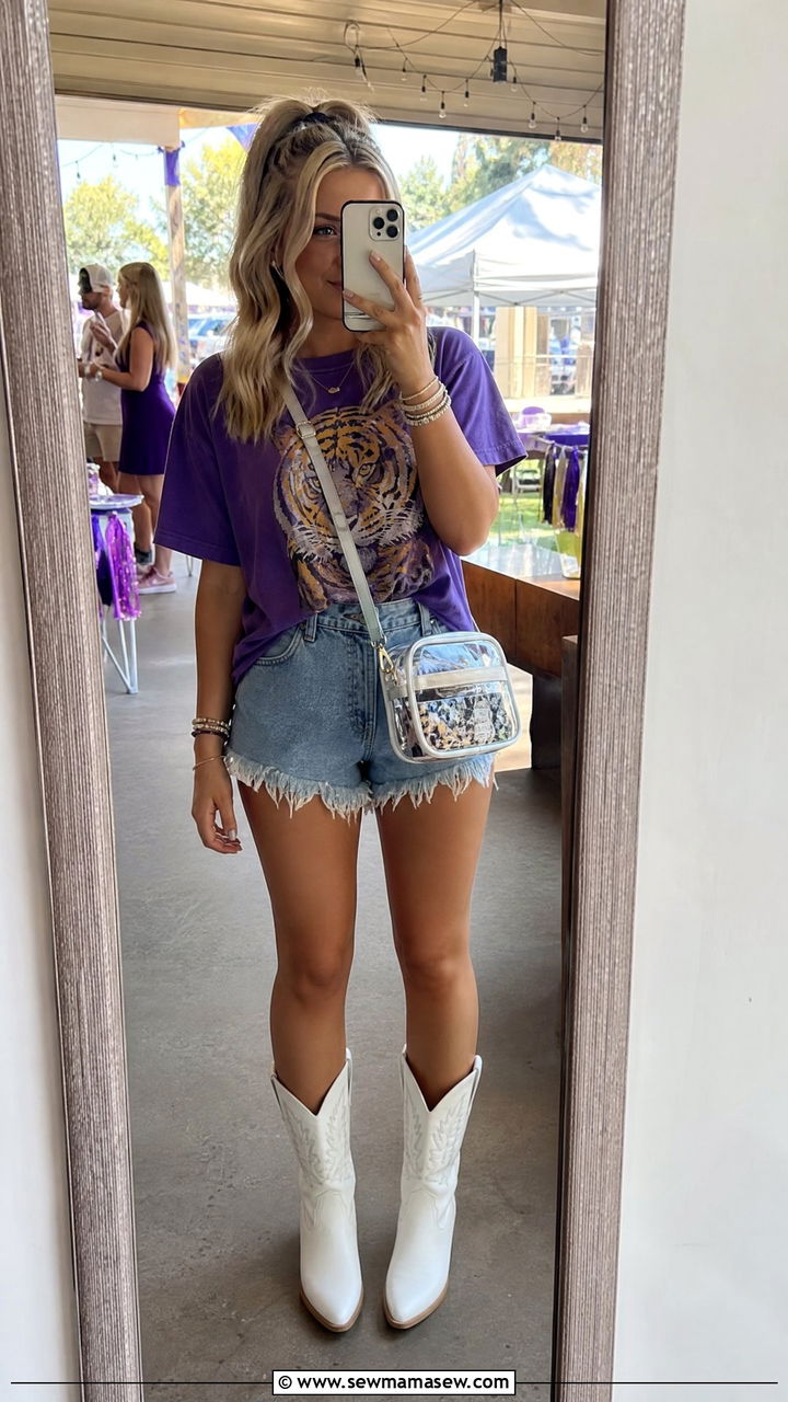 Vintage Band Tee with Cutoff Denim Shorts - 35 Gameday outfit ideas college