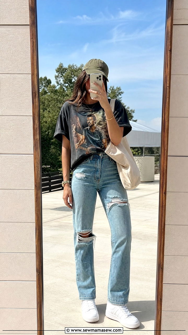 Vintage Band Tee with Distressed Jeans and Classic Sneakers - 30 Luke Bryan concert outfit ideas