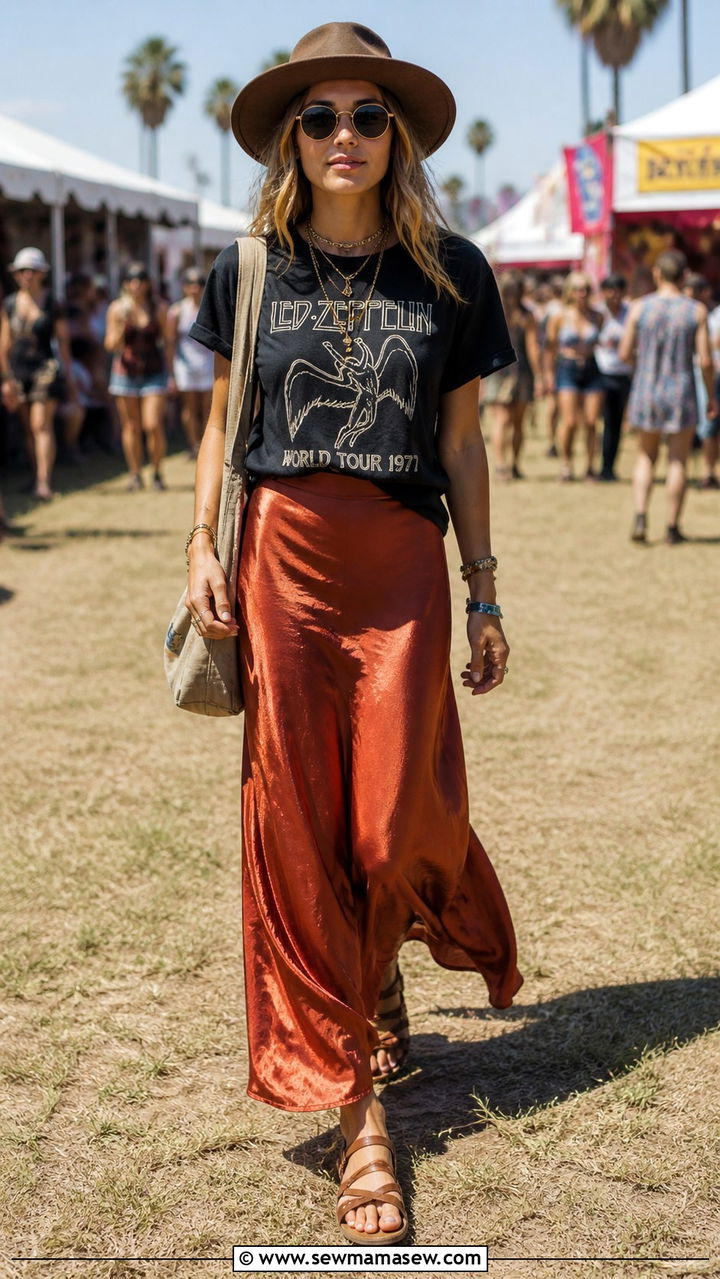 Vintage Band Tee with Maxi Skirt - 40 festival outfits for women