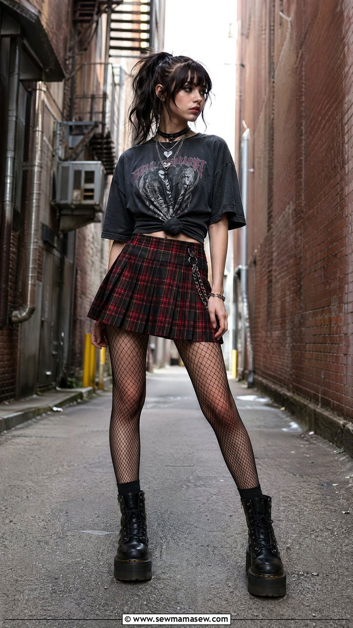 Vintage Band Tee with Plaid Skirt - 35 E-girl outfit ideas