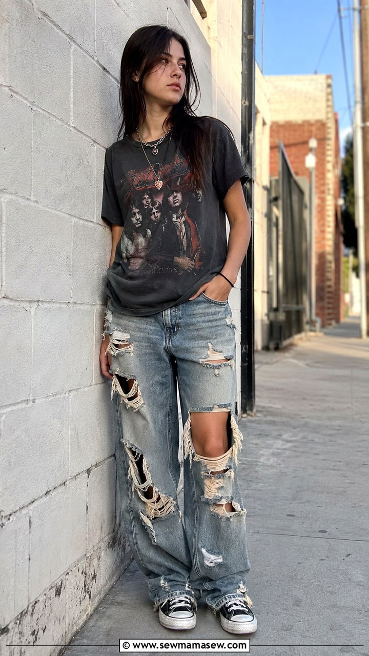 Vintage Band Tee with Ripped Baggy Jeans and Converse - 30 Trendy outfits for 16 year olds