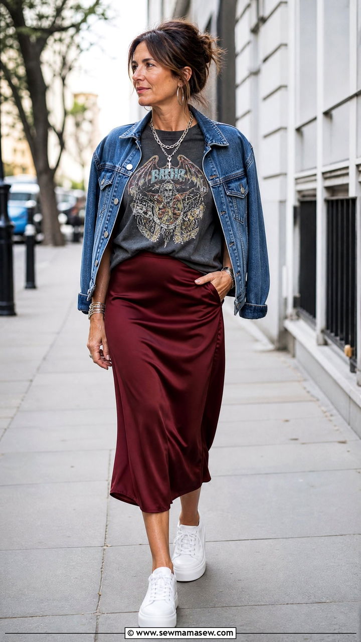 Vintage Band Tee with a Satin Midi Skirt and Platform Sneakers - 25 grunge outfit ideas for women over 40