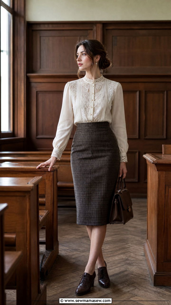 Vintage Blouse With Plaid Pencil Skirt Outfit - 30 Dark academia spring outfits