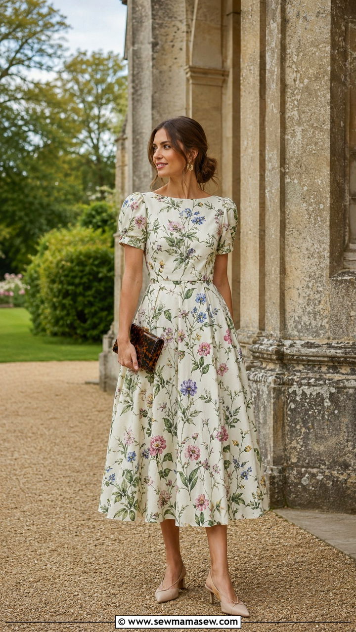Vintage Botanical Print Tea Dress With Kitten Heels - 25 Wedding guest outfit ideas floral dress 2026
