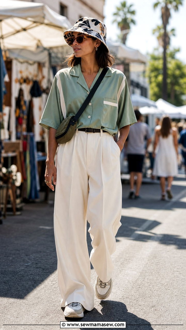 Vintage Bowling Shirt With Wide Leg Trousers and a Bucket Hat - 25 Eclectic grandpa outfit ideas