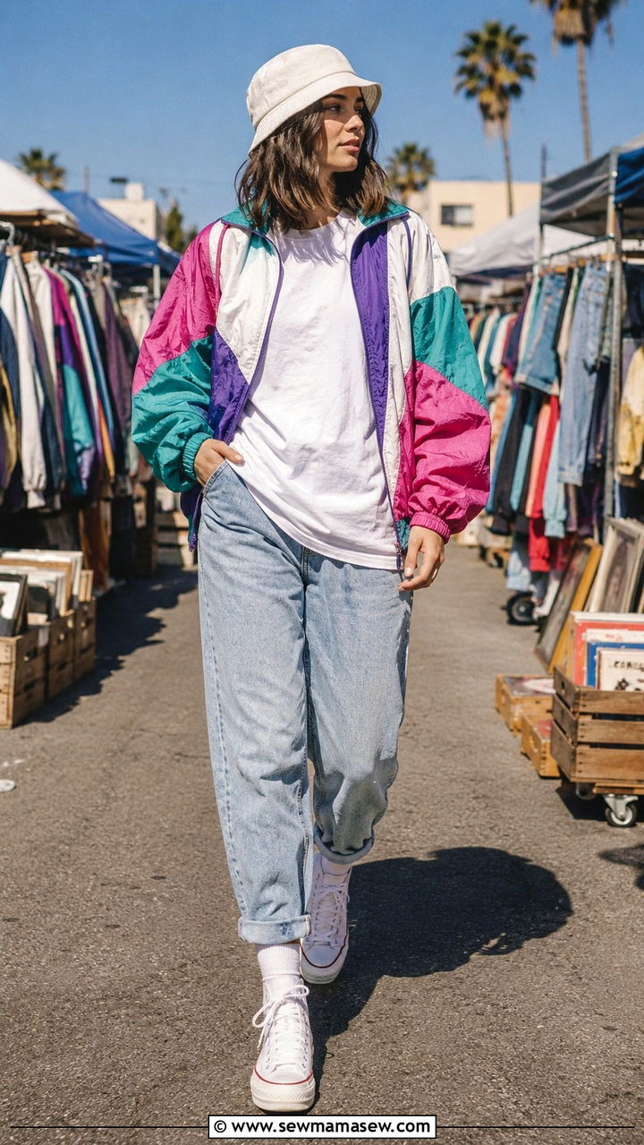 Vintage Color Block Windbreaker With Relaxed Jeans Outfit - 25 windbreaker outfits aesthetic