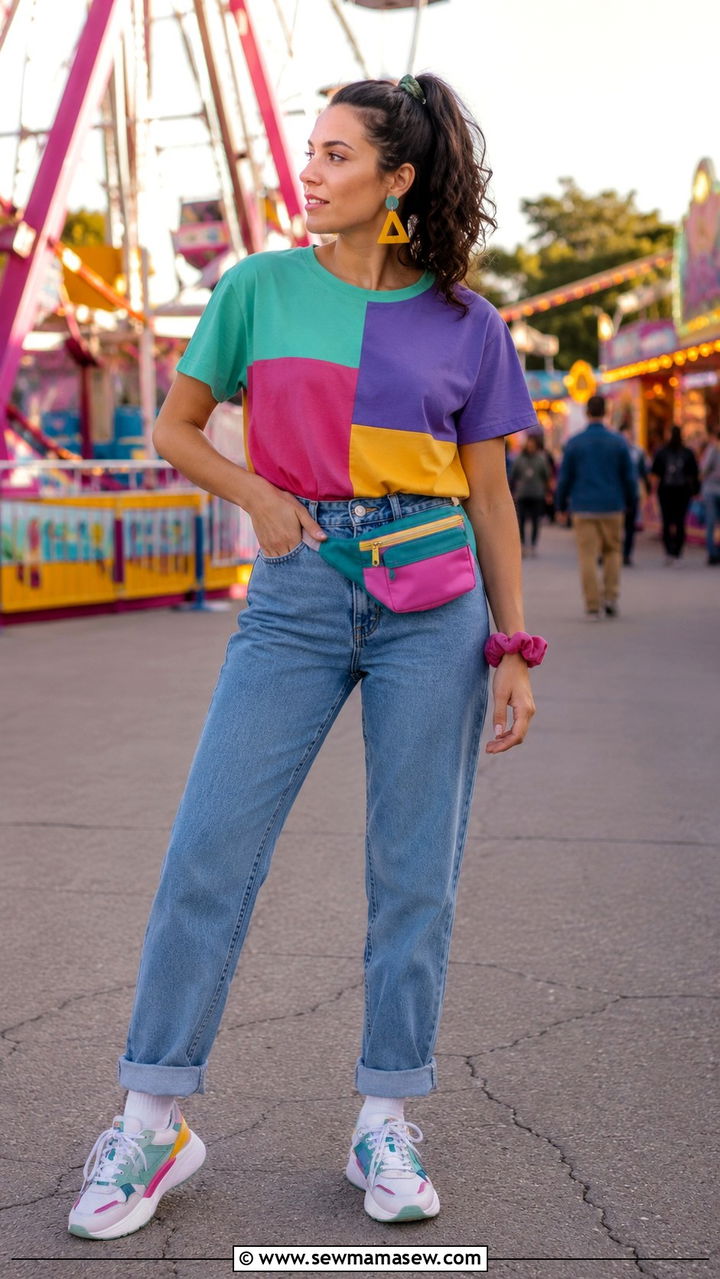 Vintage Colorblock Top with High Waisted Jeans and Retro Sneakers - 30 State fair outfit ideas
