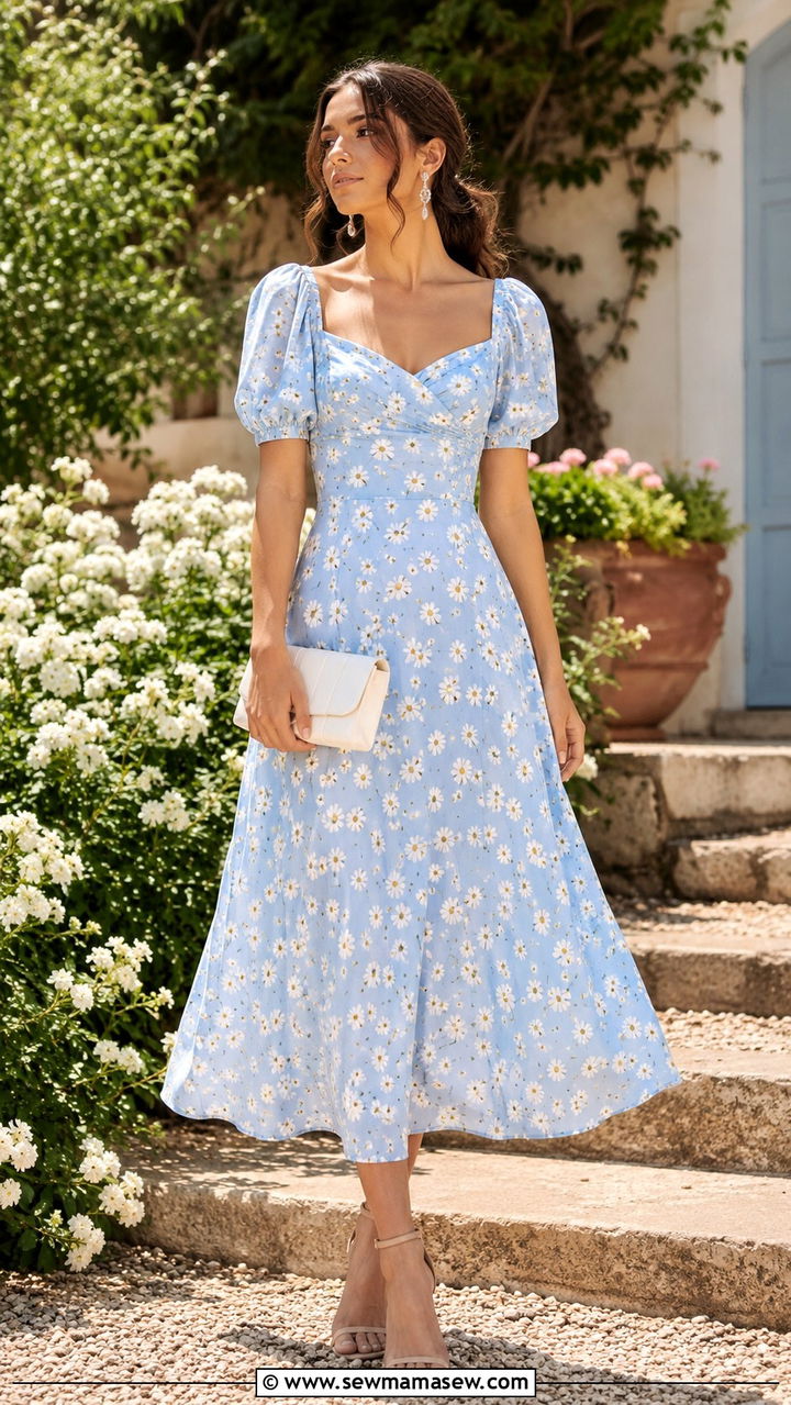 Vintage Daisy Print Dress With White Clutch - 30 trendy outfits inspo