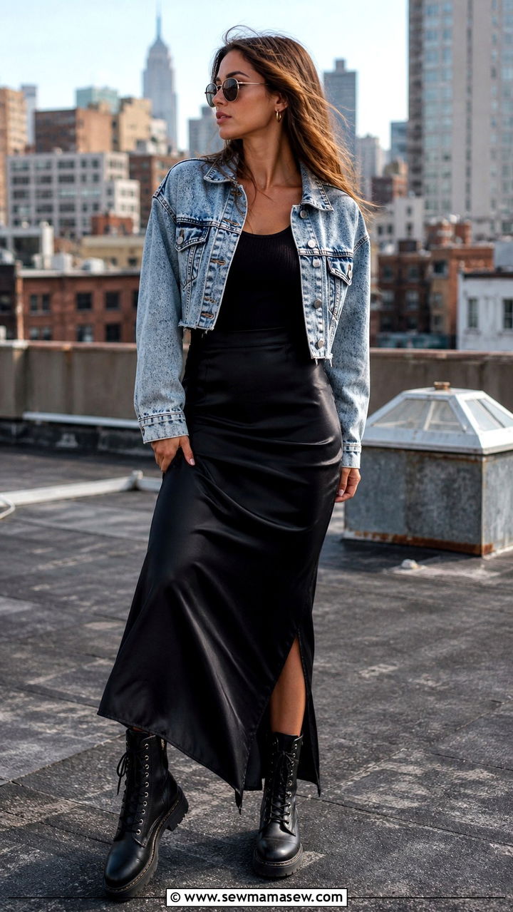 Vintage Denim Jacket With Maxi Slip Skirt And Combat Boots - 40 grunge outfits ideas