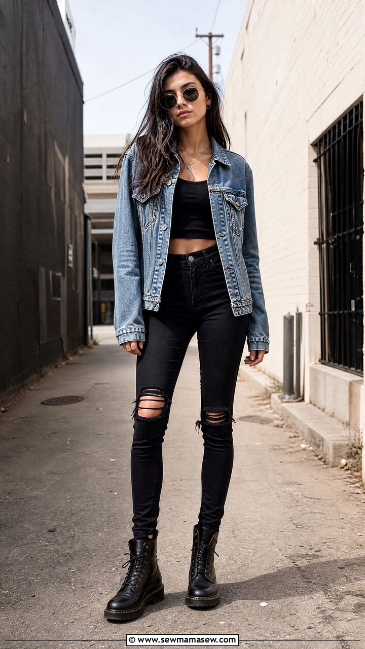 Vintage Denim Jacket with Slashed Leggings and Crop Top - 30 summer grunge outfits
