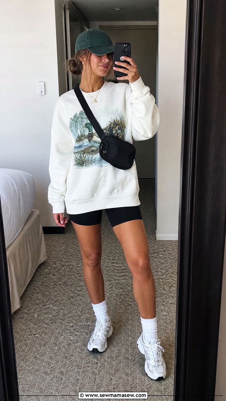 Vintage Disney Sweatshirt With Biker Shorts - 30 Disneyland outfit ideas summer