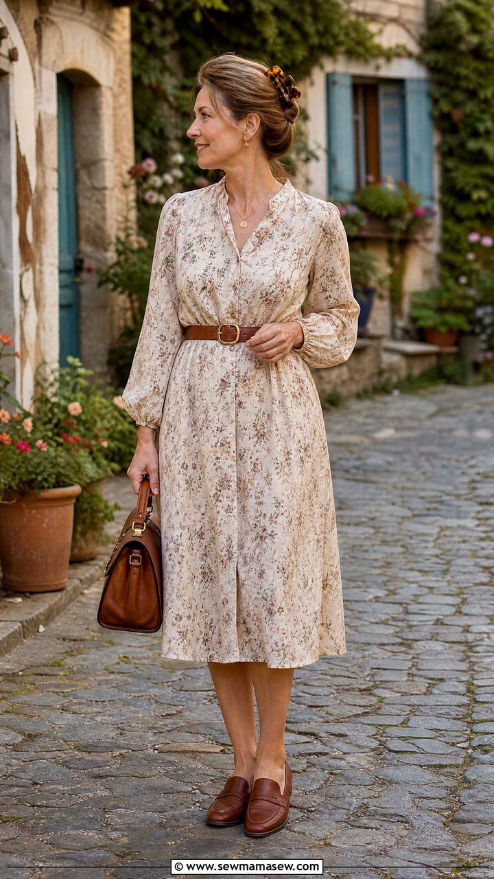 Vintage Floral Button Front Dress With Leather Belt - 30 cottagecore outfit ideas for women over 40