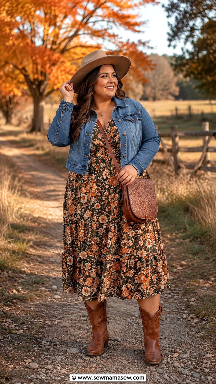 Vintage Floral Dress With Denim Jacket And Cowboy Boots - 25 Plus size outfit ideas boho