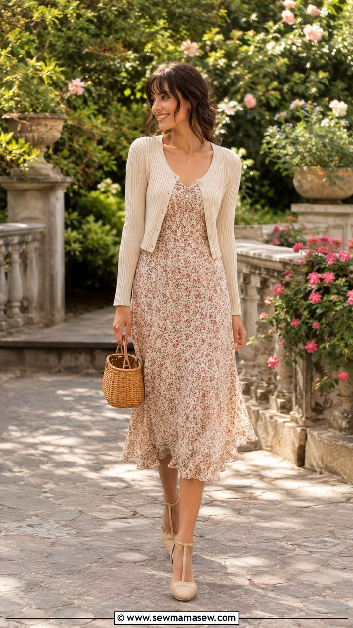 Vintage Floral Midi Dress with Cropped Cardigan - 30 Midi dress with cardigan outfit ideas