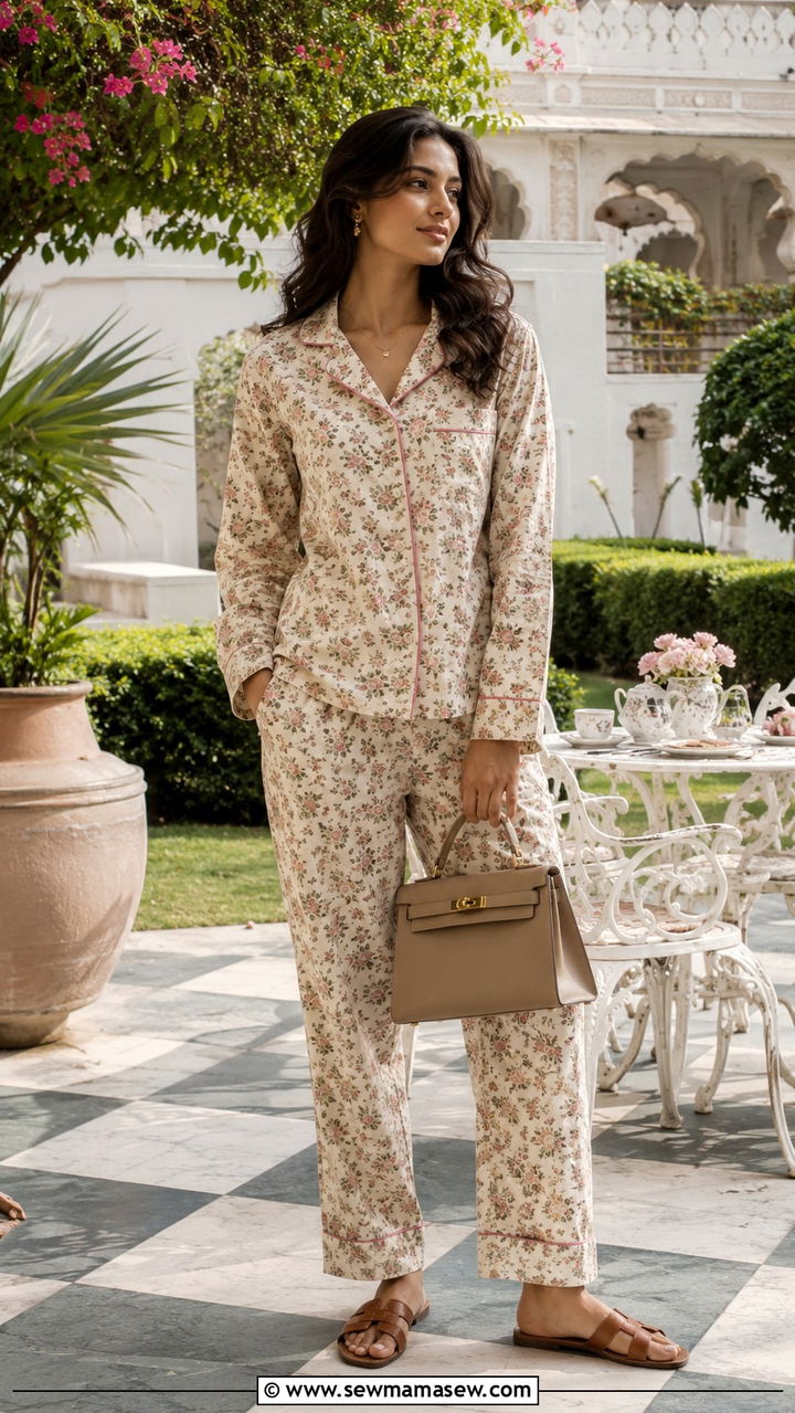 Vintage Floral Print Pajama Set With Structured Handbag - 25 Pajama outfit ideas for vacation