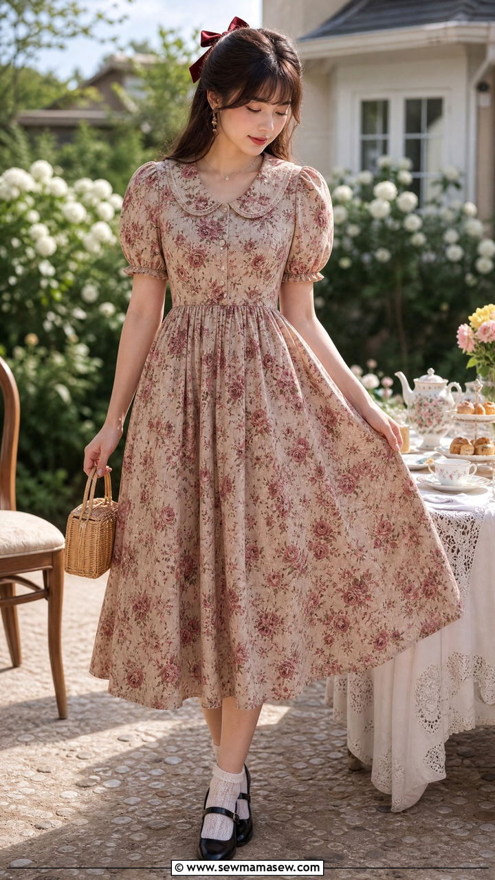 Vintage Floral Tea Dress With Mary Janes - 30 Cottagecore summer outfits