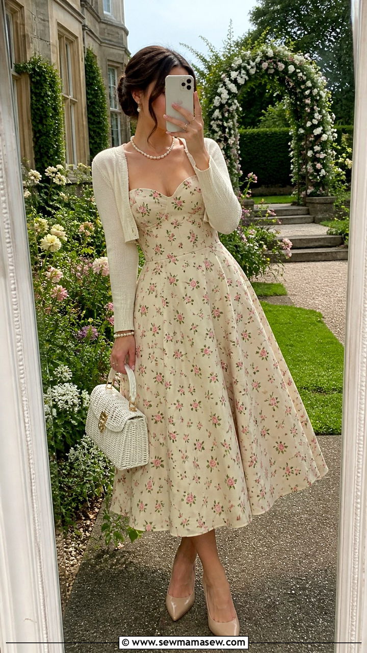 Vintage Floral Tea Dress and Cardigan - 40 summer cottagecore outfits