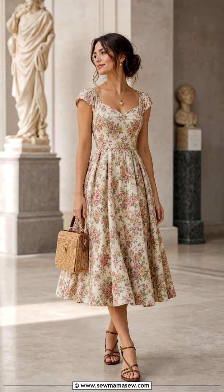 Vintage Floral Tea Dress with Strappy Sandals - 35 boho outfits for women
