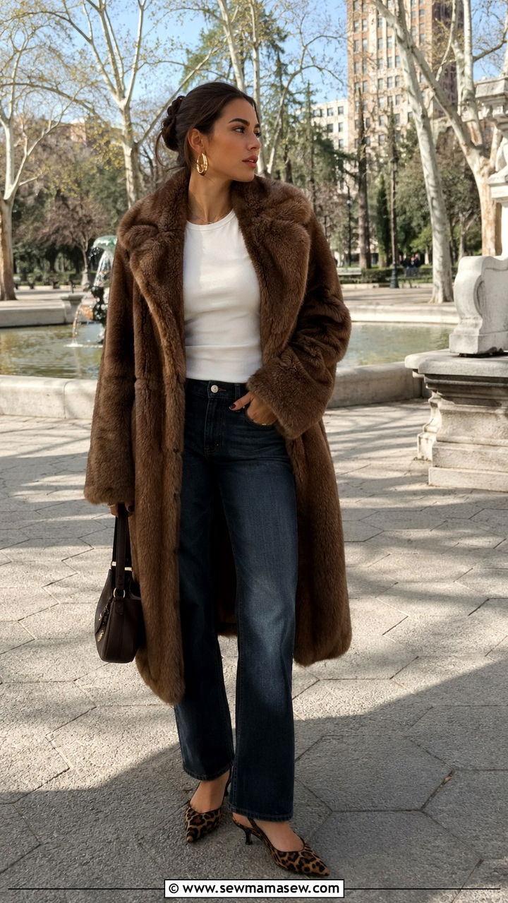Vintage Fur Coat With Straight Leg Jeans And Kitten Heels - 30 Mob wife outfits 2026
