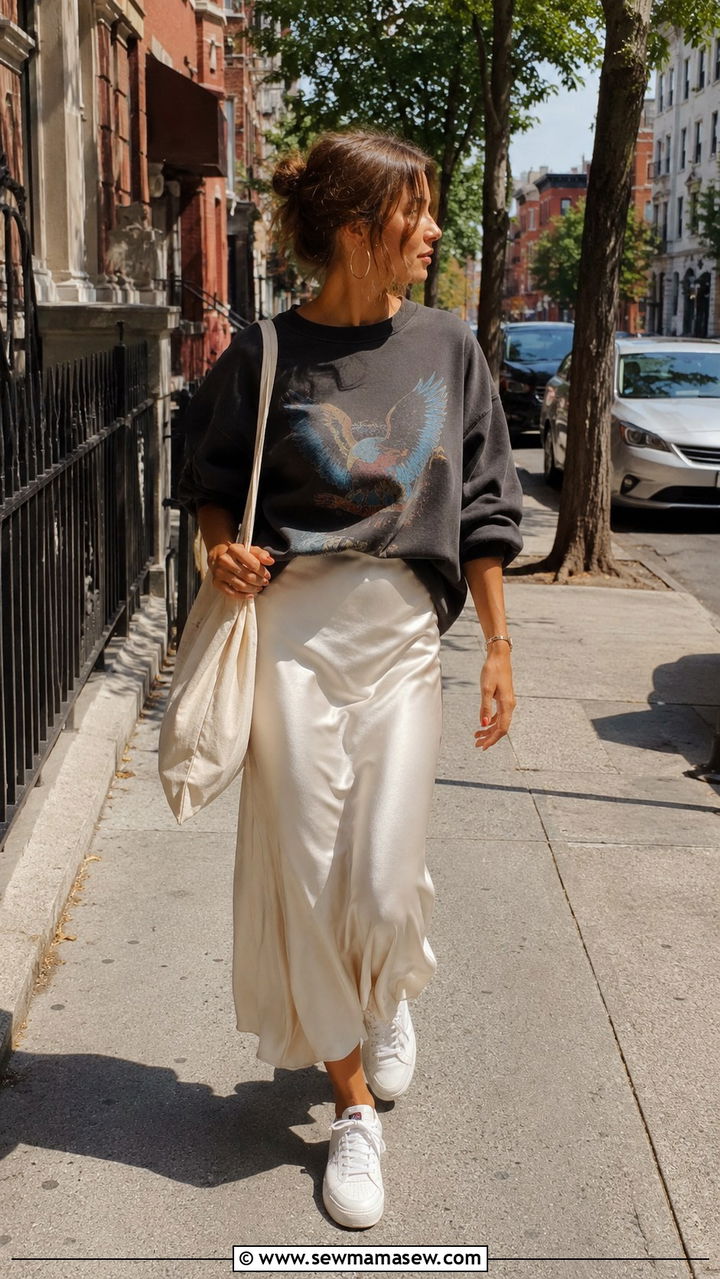 Vintage Graphic Sweatshirt With Slip Skirt And Sneakers - 30 spring vintage outfit ideas