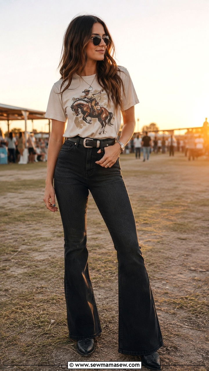 Vintage Graphic Tee With Flared Jeans And Western Boots - 30 spring western outfit ideas