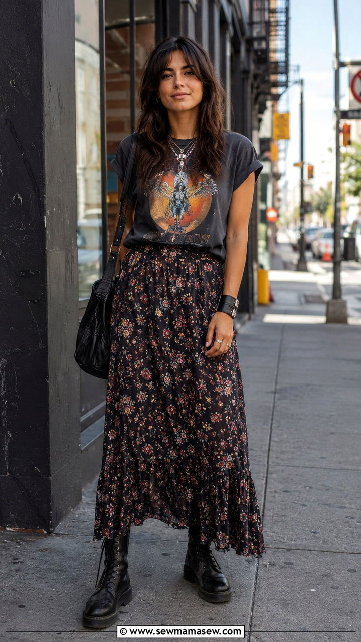 Vintage Graphic Tee With Maxi Skirt And Chunky Boots - 30 Bohemian wardrobe essentials