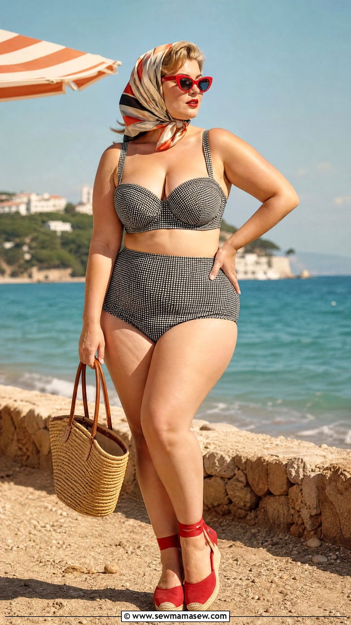 Vintage High Waist Bikini With Headscarf - 30 Plus size swimsuit outfit ideas