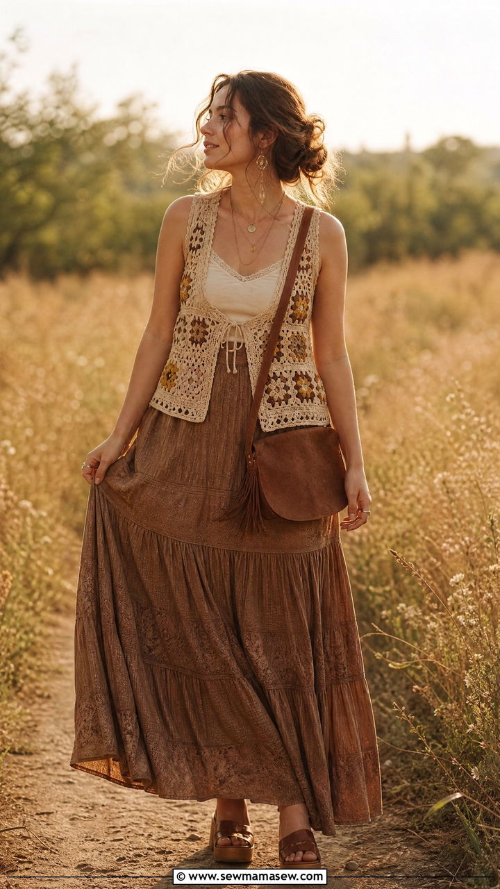 Vintage Inspired Crochet Vest With A Flowy Maxi Skirt - 20 Cottagecore outfits for pear shape