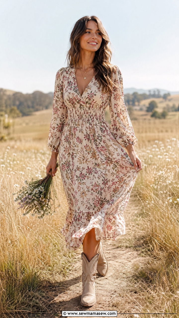 Vintage Inspired Floral Midi Dress With Ankle Cowboy Boots - 35 Concert outfits for tall women