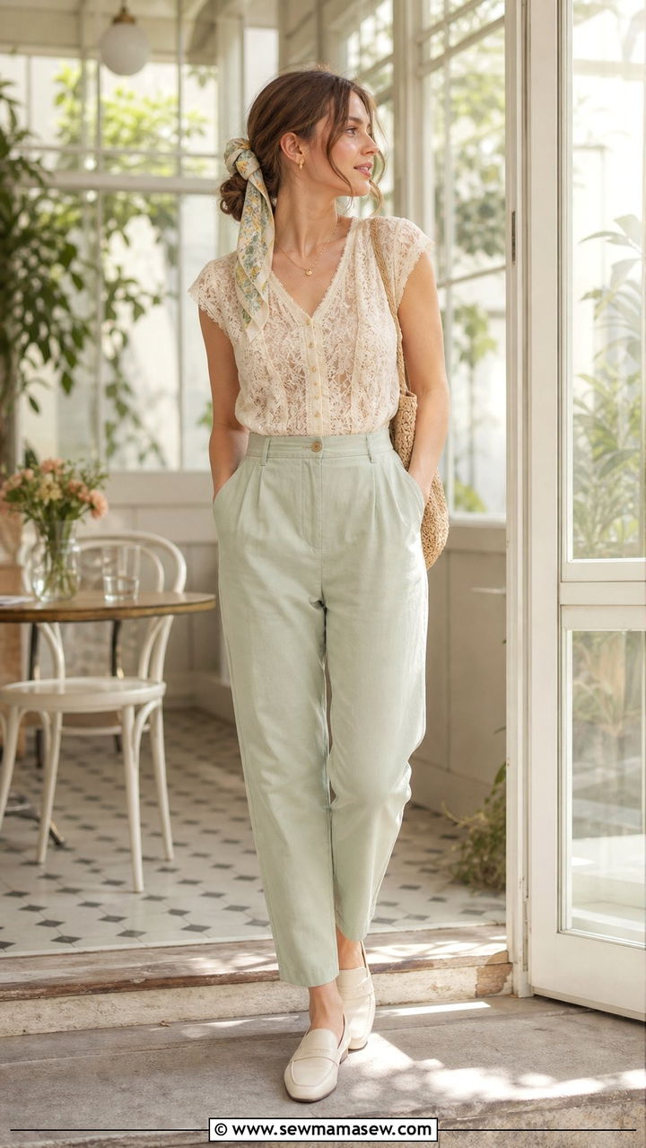 Vintage Inspired Lace Top With High Waisted Chinos And Loafers - 25 summer fairycore outfit ideas