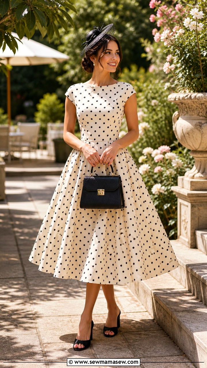Vintage Inspired Polka Dot Tea Length Dress - 40 Summer 2026 wedding guest outfit ideas