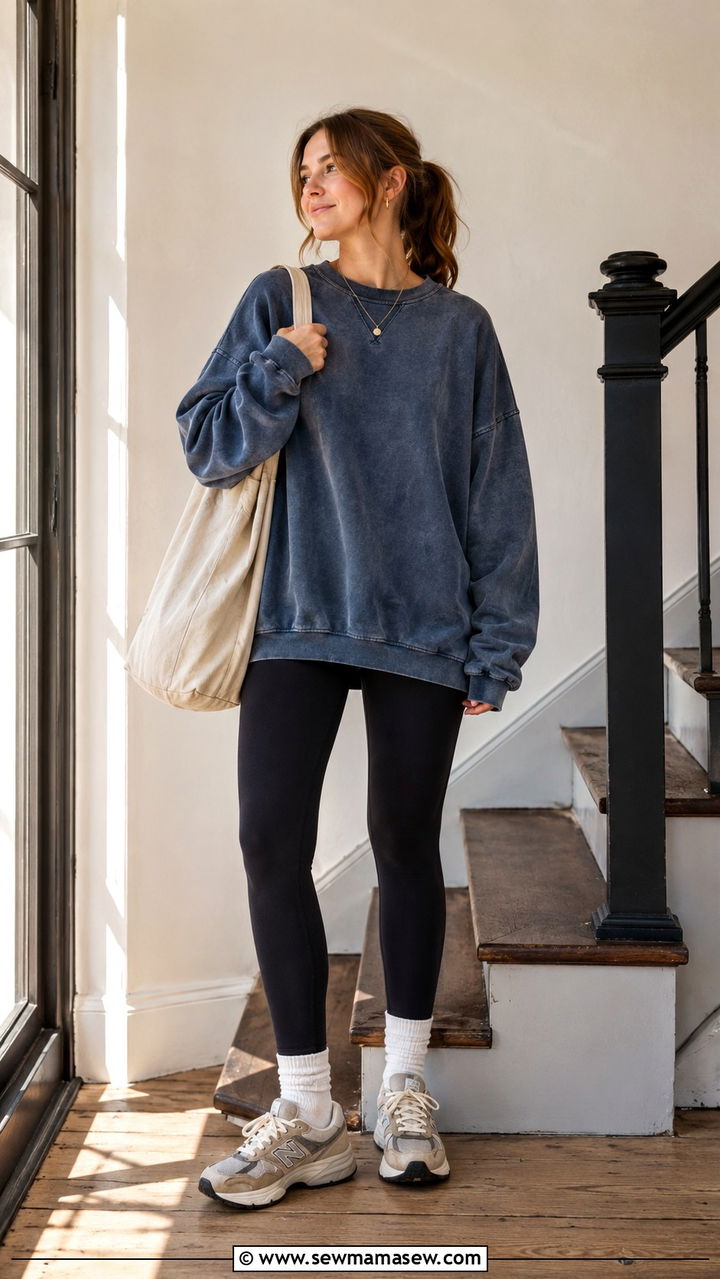 Vintage Inspired Sweatshirt with Leggings and Retro Sneakers - 30 Sweatshirt and leggings outfit ideas