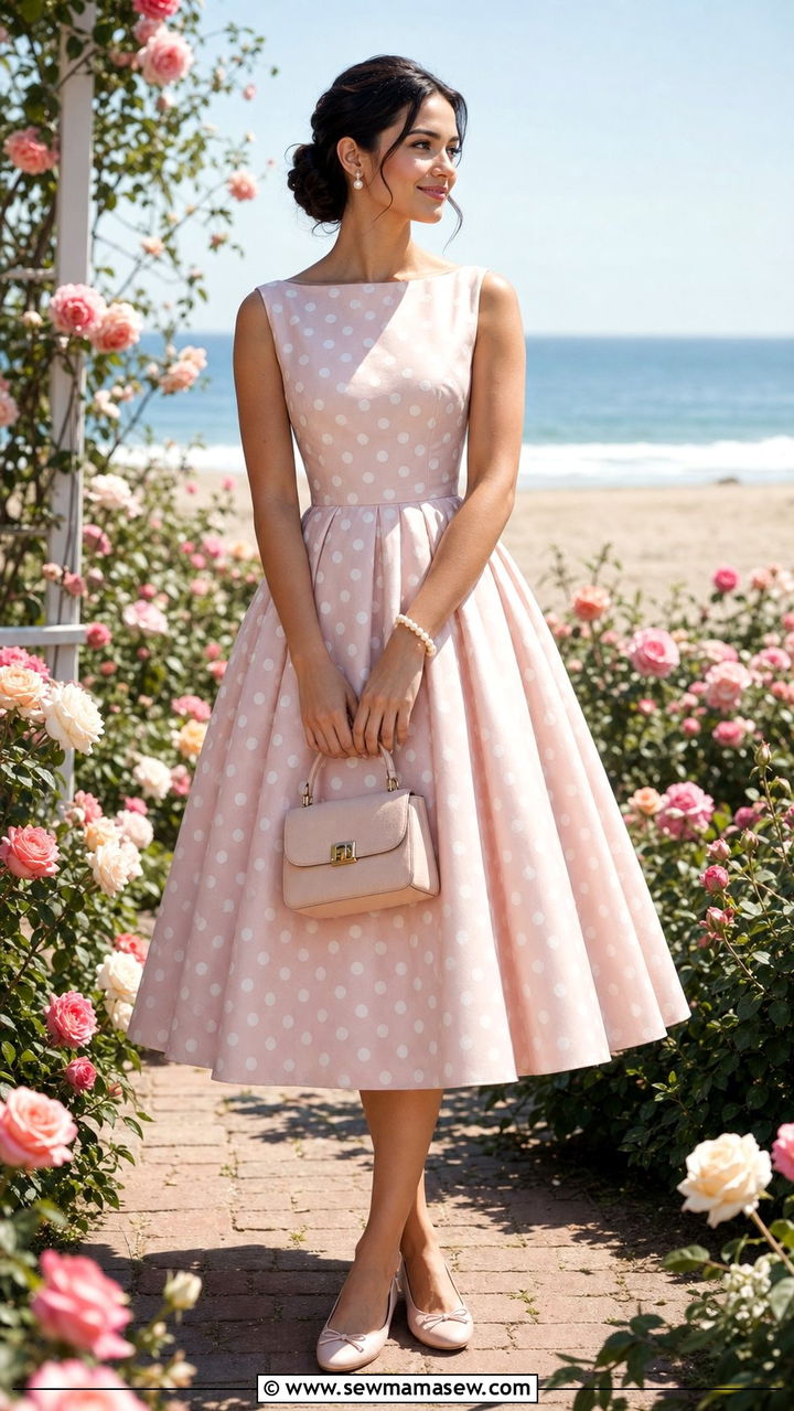 Vintage Inspired Tea Length Dress With Ballet Flats - 35 Beach wedding guest outfit ideas