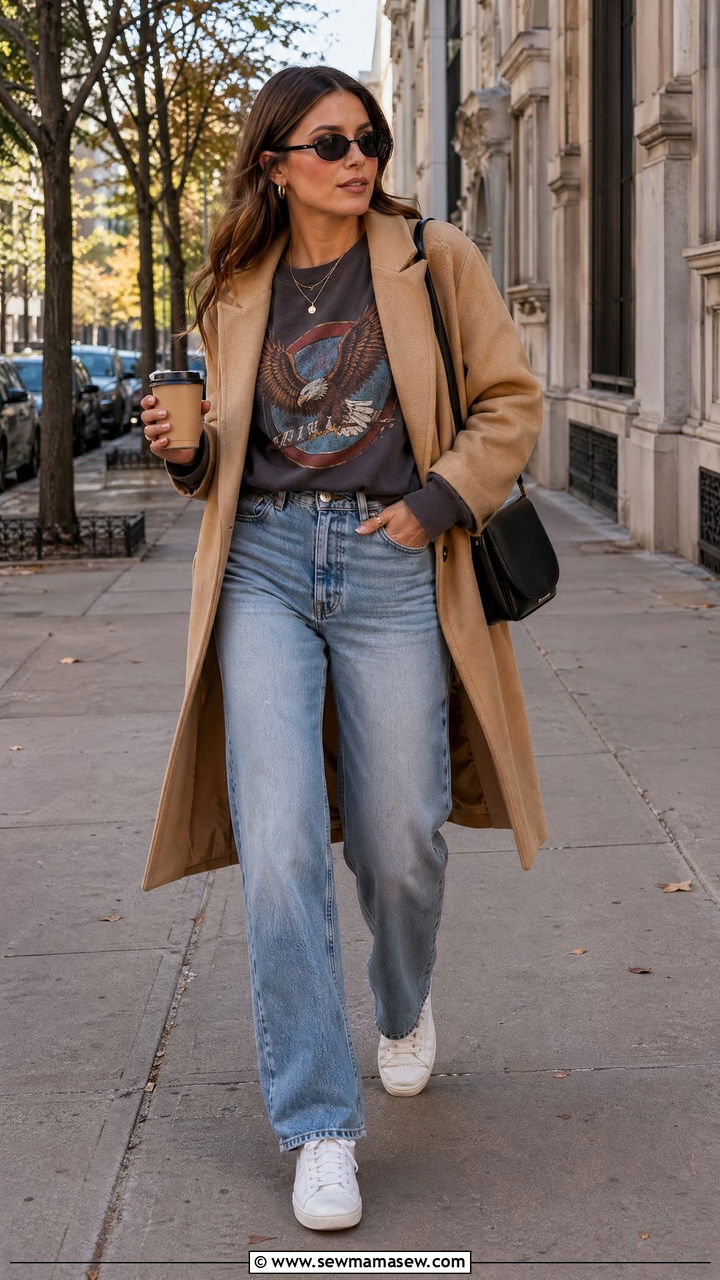 Vintage Jeans and Graphic Sweatshirt with Wool Coat - 35 errands outfits for women