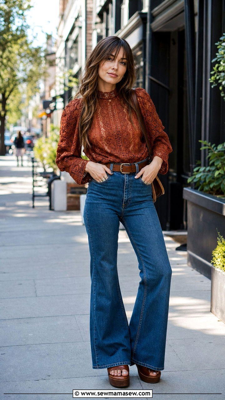 Vintage Lace Blouse with High Waisted Flared Jeans - 25 cute boho chic outfits