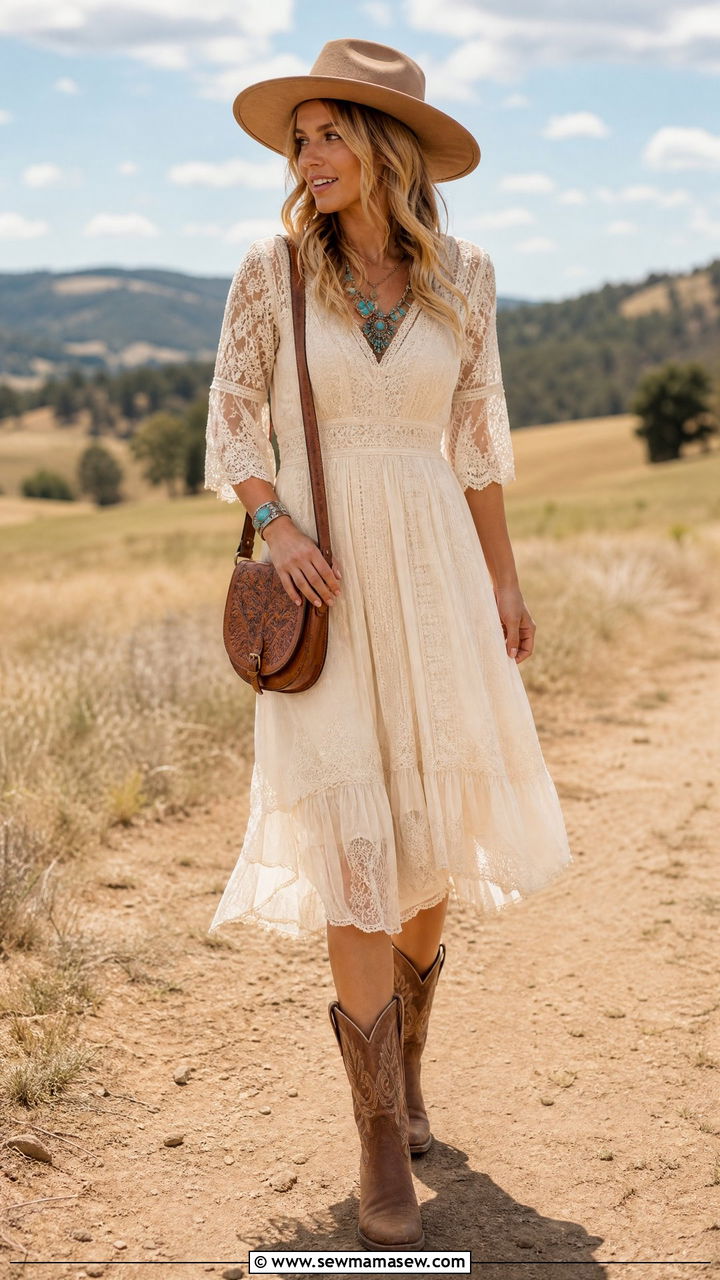 Vintage Lace Dress with Cowboy Boots and Felt Hat - 35 lace outfits