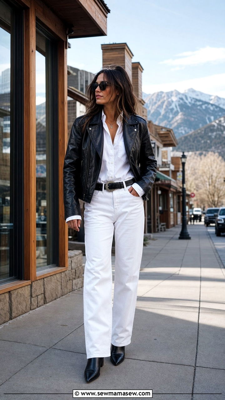 Vintage Leather Jacket White Button Up and White Jeans - 25 classy model off duty outfit ideas