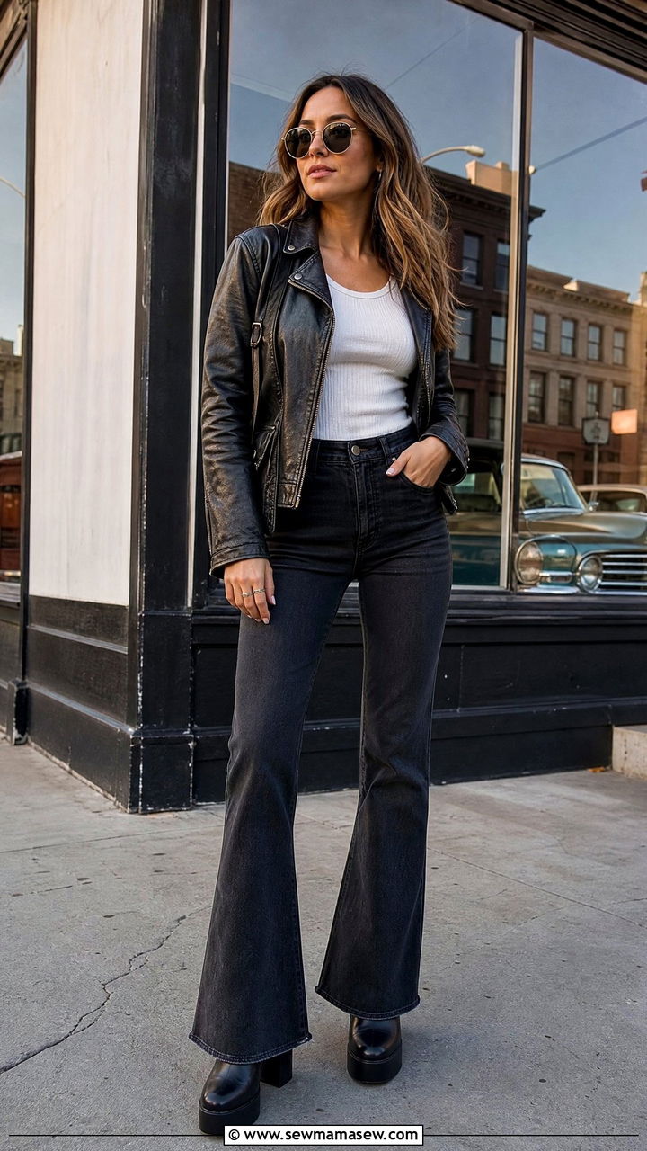 Vintage Leather Jacket With Flare Jeans Outfit - 25 chic leather jacket outfit ideas