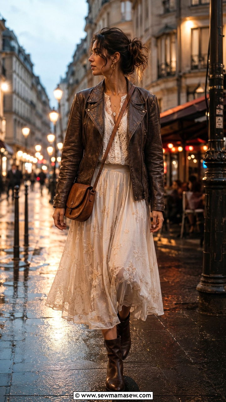 Vintage Leather Jacket With Lace Blouse And Midi Skirt - 25 poetcore outfits inspo