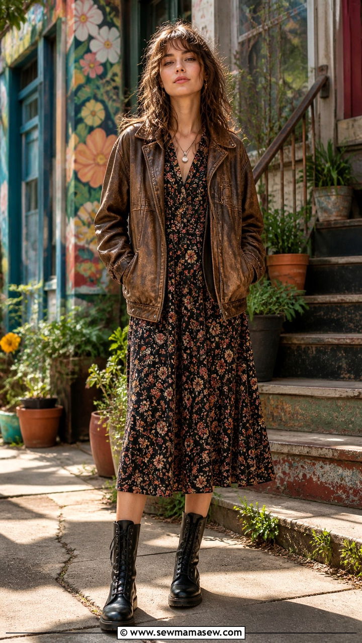 Vintage Leather Jacket With Midi Dress And Combat Boots - 40 leather jacket outfit ideas for women