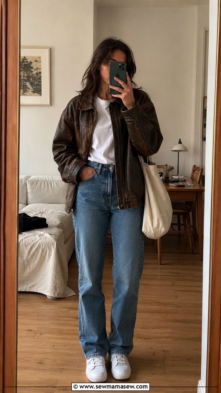 Vintage Leather Jacket With Modern Basics Spring - 30 How to style a leather jacket in spring