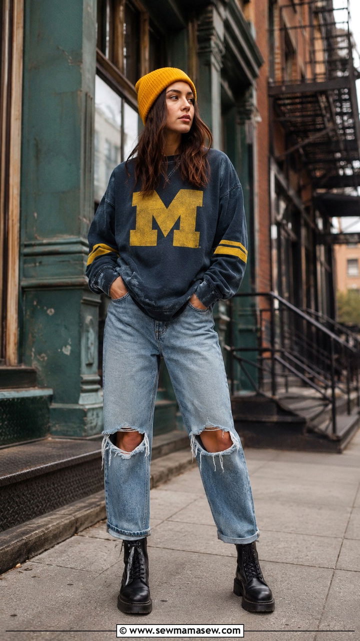 Vintage Michigan sweatshirt with distressed jeans outfit - 20 Gameday outfit ideas Michigan