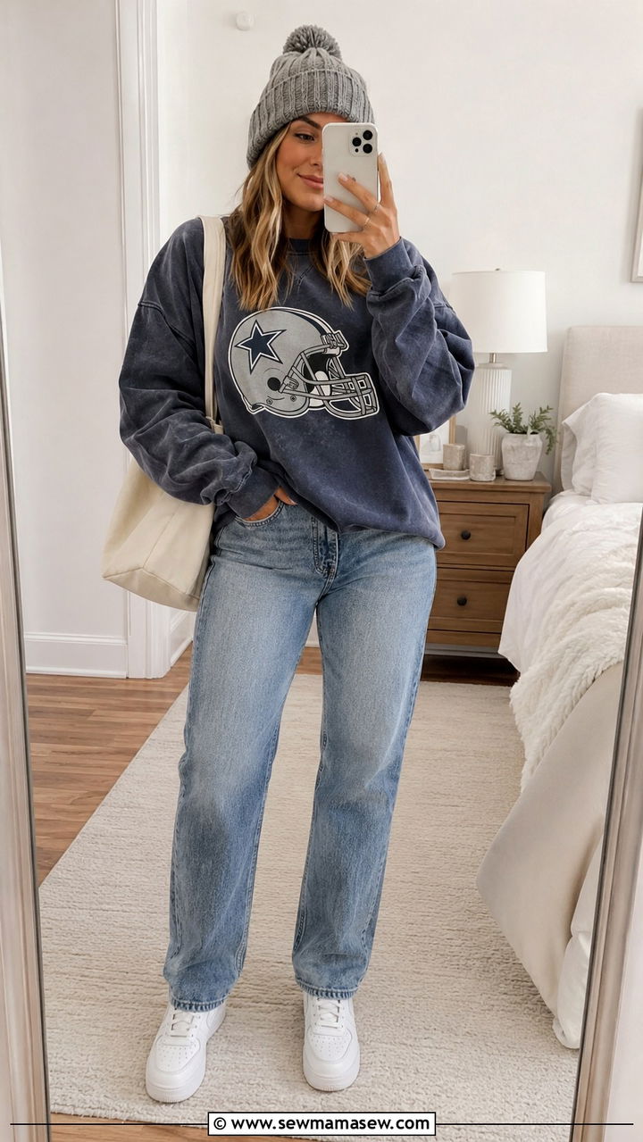 Vintage NFL Sweatshirt and Jeans Outfit - 30 NFL game outfit ideas